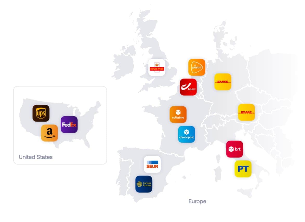 Map showing the most popular carriers in each country in Europe and USA